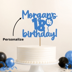 18th Birthday Personalized Glittering Blue Cake Pick